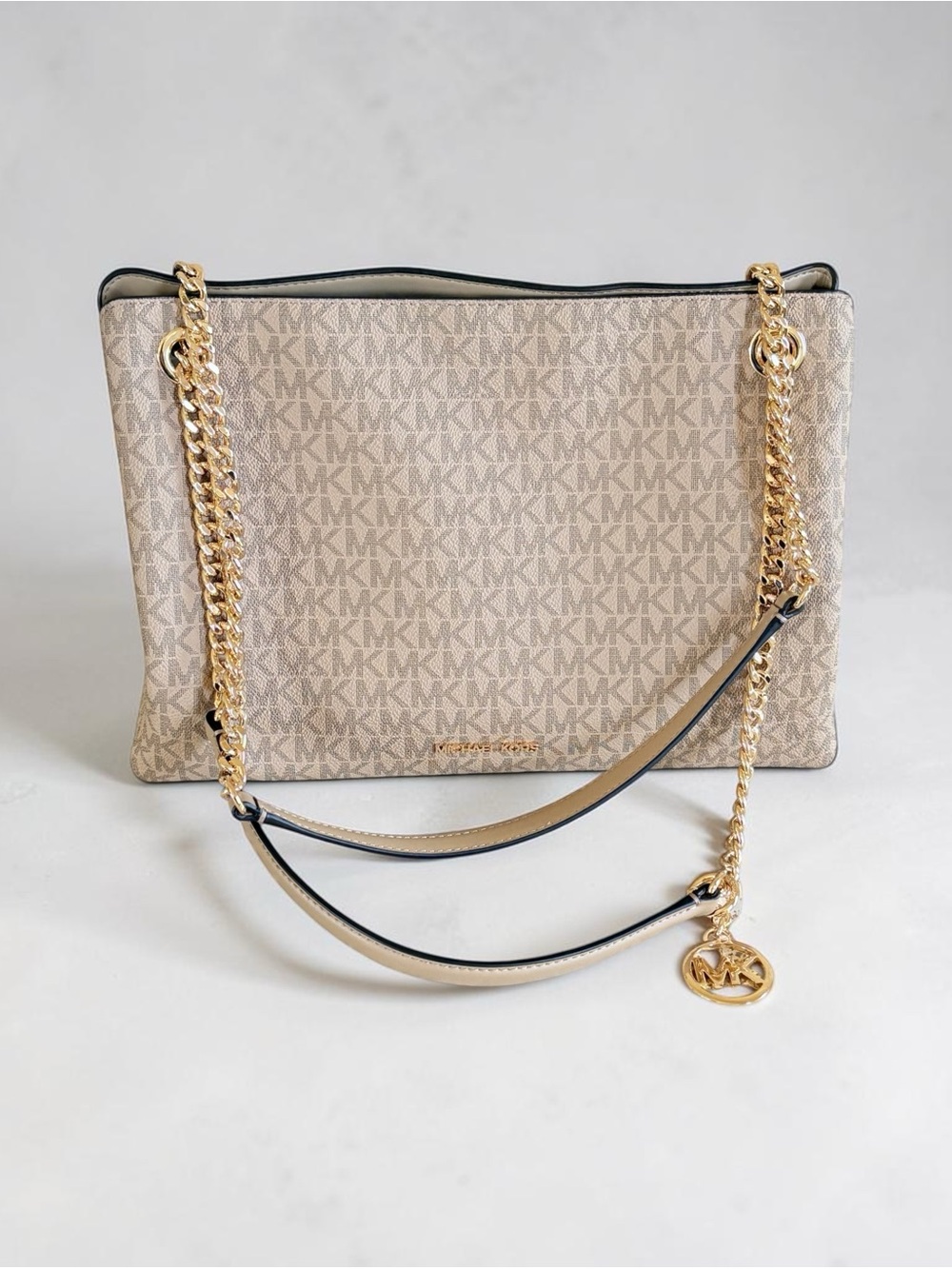 Michael Kors Beige Signature MK Chain-Handle Shoulder Bag